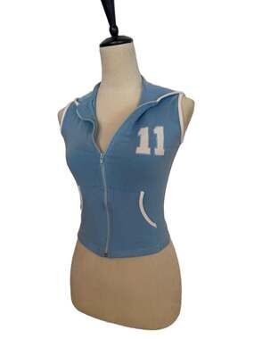 Vintage active Y2K Mixes Light Blue Sleeveless Zip-Up Hoodie with '11' Patch